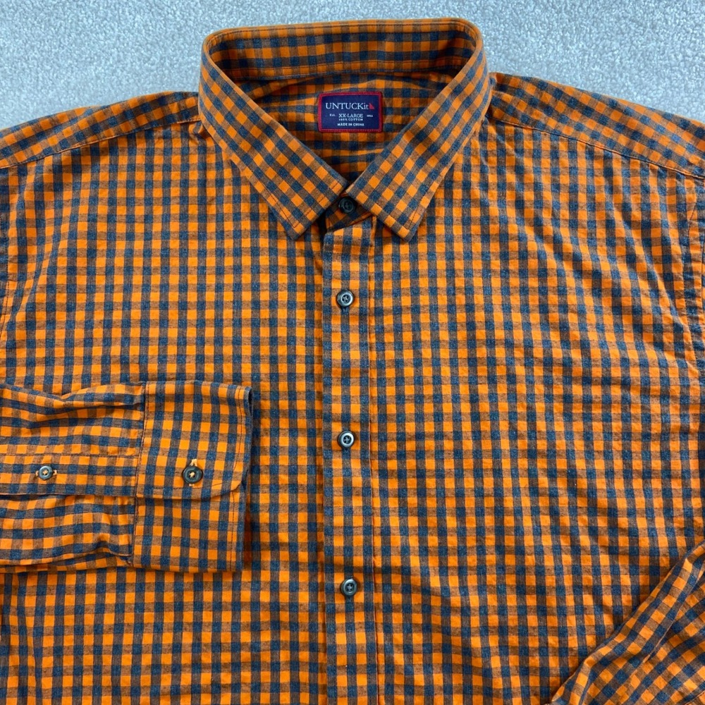 UNTUCKit Button Down Shirt Mens XXL Orange Navy Gingham Long Sleeve Cotton
